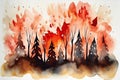 Vivid watercolor portrayal of a catastrophic forest fire, with trees engulfed in orange flames. Generative AI