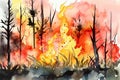 Vivid watercolor portrayal of a catastrophic forest fire, with trees engulfed in orange flames. Generative AI