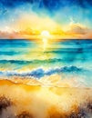 A vivid watercolor sunset over a calm beach, where warm and cool hues merge Royalty Free Stock Photo