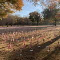 Vivid Wide Shot of Tiny US Flags at the Cemetery for Veterans. Generative AI