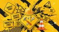 A yellow and black safety themed graphic with signs, a hardhat, tools, and a traffic cone design Royalty Free Stock Photo