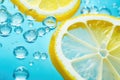 Close-up of a refreshing lemon slice in sparkling aqua bubbles