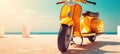 Vivid yellow scooter on beach promenade. Summer background. Created with generative Ai