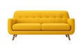 Vivid yellow sofa with a minimalist design, featuring button-tufted backrest and angled wooden legs, front view isolated Royalty Free Stock Photo