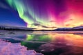 vividly colored aurora dancing over a frozen lake