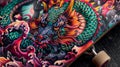 Vividly colored dragon design on a skateboard, showcasing intricate artwork with rich hues and dynamic patterns
