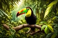 A vividly colored keel-billed toucan in its natural habitat, surrounded by lush foliage