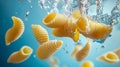 Vividly colored pasta shells are suspended water creating mesmerizing effect. shell distinct and separated highlighting Royalty Free Stock Photo