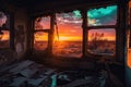 vividly colored sunset shining through broken windows of abandoned house, creating magical and surreal atmosphere Royalty Free Stock Photo