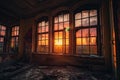 vividly colored sunset shining through broken windows of abandoned house, creating magical and surreal atmosphere Royalty Free Stock Photo