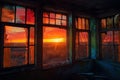 vividly colored sunset shining through broken windows of abandoned house, creating magical and surreal atmosphere Royalty Free Stock Photo