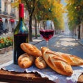 A Parisian Cafe with French Bread and Red Wine