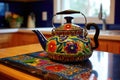 a vividly painted, mexican talavera teapot on a brightly tiled countertop