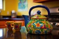 a vividly painted, mexican talavera teapot on a brightly tiled countertop