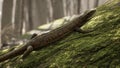 A viviparous lizard stands on a stone overgrown with moss in the morning forest. A lizard standing on a stone in a