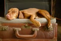 vizsla asleep in a mediumsized suitcase, tail hanging over the side