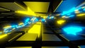 VJ loop animation background. The camera flies inside the waves of a tunnel with blue and yellow metal squares Royalty Free Stock Photo