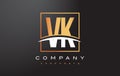 VK V K Golden Letter Logo Design with Gold Square and Swoosh.