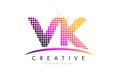 VK V K Letter Logo Design with Magenta Dots and Swoosh