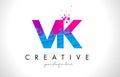 VK V K Letter Logo with Shattered Broken Blue Pink Texture Design Vector.