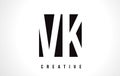 VK V K White Letter Logo Design with Black Square.