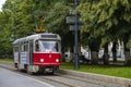 Red old tram on the Prospekt Mira, Vladikavkaz