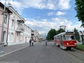 Vladikavkaz, Russia, June, 28, 2019. Tram route 1 on Mira Avenue in Vladikavkaz. Republic Of North Ossetia-Alania
