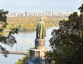 Vladimir hill, Dnieper river and view on the left bank of Kiev, Kiev Ukraine. Peaceful urban city scene. Saint Vladimir Monument