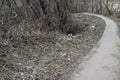 Vladimir, Russia April 18, 2019 Vladimir Lakin street 209, path littered with garbage