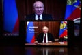Vladimir Putin on the news. President of Russian speech on TV. Russia and Ukraine war