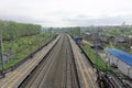Vladimir region, Russia. - May 06.2018. Photo from the elevation above the railway tracks in Station Bogolyubovo. Royalty Free Stock Photo