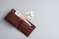 Vladimir, Russia - January 2022: Top view of a wallet with one bill and several coins.