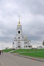 Vladimir, Russia. - May 06.2018. The snow-white Assumption Cathedral with gold domes in Vladimir.