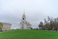 Vladimir, Russia. - May 06.2018. The snow-white Assumption Cathedral with gold domes in Vladimir.