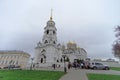 Vladimir, Russia. - May 06.2018. The snow-white Assumption Cathedral with gold domes in Vladimir.