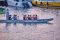 Vladivostok, Russia -Jul 01, 2020: groups of girls are taught rowing at sunset. Royalty Free Stock Photo