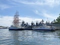 Vladivostok, Russia,  July, 13, 2020. Military ships and sailing ship `Sedov` in the bay `Golden horn`. Vladivostok, Russia. Royalty Free Stock Photo