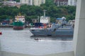 Warships on the background of the urban landscape