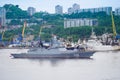 Warships on the background of the urban landscape