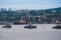 Warships on the background of the urban landscape