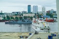 Warships on the background of the urban landscape