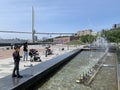 Vladivostok, Russia, June, 07, 2019. The boy blows bubbles at the fountain on the embankment of the Tsesarevich in Vladivostok