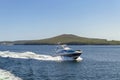 close up view of sailing modern motorboat