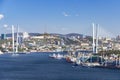 Panorama of the Golden Horn Bay, the fishing port and the Golden Bridge in Vladivostok from a viewing platform at the top of the h Royalty Free Stock Photo