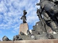 Vladivostok, Russia, October, 18, 2022.Pigeons at the memorial to the Fighters for Soviet Power in the Far East 1917-1922 in the c