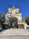 Vladivostok, Russia, October, 12, 2022. Triumphal Nicholas arch of the crown Prince in sunny wint