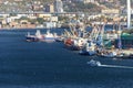 View of the Golden Horn Bay, the Golden Bridge and the fishing port of Vladivostok from the top of Krestovaya Sopka Royalty Free Stock Photo