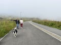 Vladivostok, Russia, September, 30, 2022. People walk in the fog along the beach embankment in Akhlestysheva Bay on Russian Island