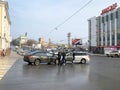 Vladivostok, Russia, March, 09,2020. Small car accident on Svetlanskaya street near the Avangard shopping center . Russia Royalty Free Stock Photo