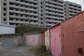 VLADIVOSTOK, RUSSIA - 03/09/2021 a soviet empty abandoned unfinished haunted residential concrete panel house building Royalty Free Stock Photo